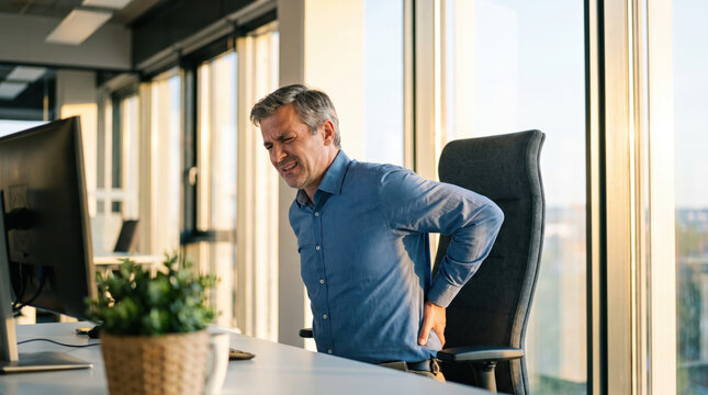Middle aged man gripping lower back in modern office with pain and discomfort during workday