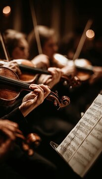 Close up View of Orchestral Musicians Playing Violins with Blurred Musical Notes and Sheet Stands
