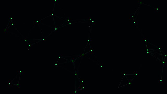 Abstract digital network with green glowing nodes and connecting lines on black background. Futuristic plexus concept for technology, big data, and neural communication systems.