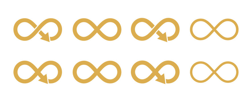 Set of golden infinity symbols and arrows with infinity mathematics continuous direction abstract