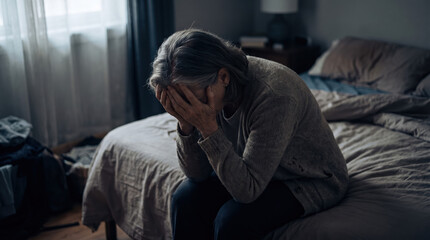 Obraz premium Older woman sitting on bed, leaning forward with hands covering face in dim bedroom, expressing sadness and emotional distress near window