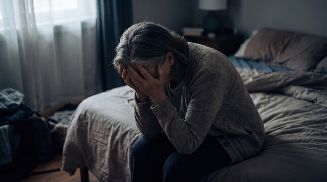 Older woman sitting on bed, leaning forward with hands covering face in dim bedroom, expressing sadness and emotional distress near window