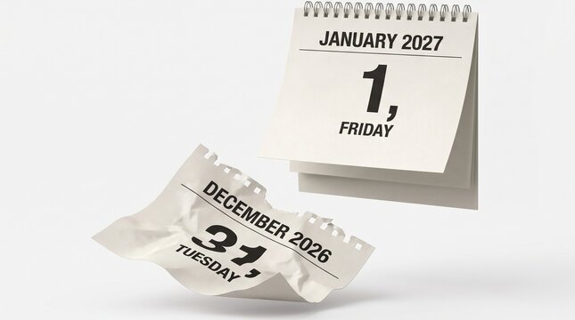 3D illustration of a desktop calendar showing the transition from December 31 2026 to January 1 2027 with a torn paper sheet on white background