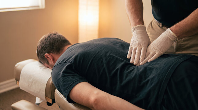 Chiropractor palpating patient lumbar spine during clinical back examination with gentle manual pressure and focused healthcare treatment in therapy room