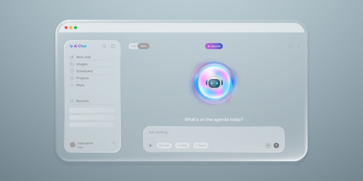 Futuristic AI chat application interface with translucent liquid glass panels, virtual assistant icon, sidebar navigation, search controls, and modern desktop user experience