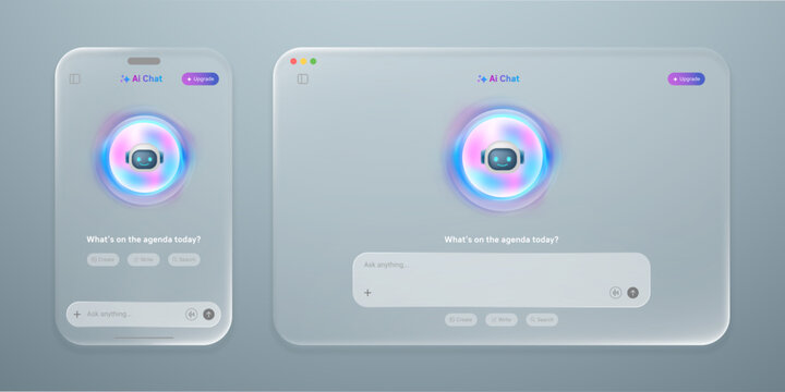 Liquid glass modern AI chat interface displayed on mobile and desktop screens with a glowing virtual assistant. Conversational search bar and futuristic UI UX design