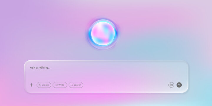 Futuristic liquid glass AI chat interface with glowing orb, pastel pink, purple and blue gradient background, modern digital assistant concept with spacious copy space