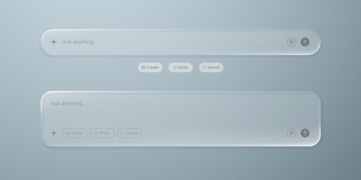 Modern liquid glass AI chat interface featuring translucent prompt fields, voice input, search, write and create controls on a soft blue background, ideal for futuristic UI and technology concepts.