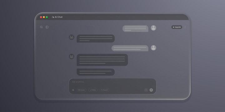 Modern glassmorphism AI chat interface with translucent conversation bubbles, user avatars, search controls and prompt field on a dark gray background, ideal for futuristic technology concepts