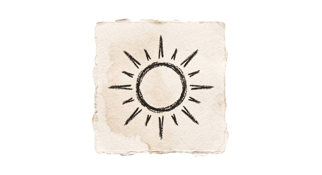 Hand-drawn sun symbol on textured watercolor paper with torn edges