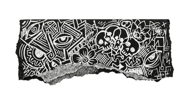 Abstract black and white doodle art with skulls and eyes on torn paper