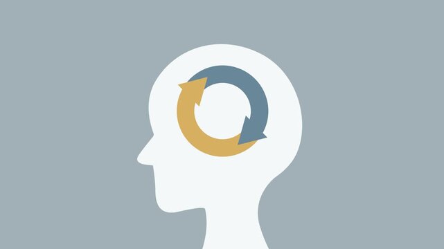 Circular arrows rotate continuously inside a human head silhouette, representing thinking, mental processes, repetition, cycles, and continuous thought.