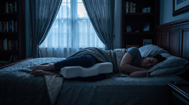 Person sleeping on side with knee pillow in dark bedroom