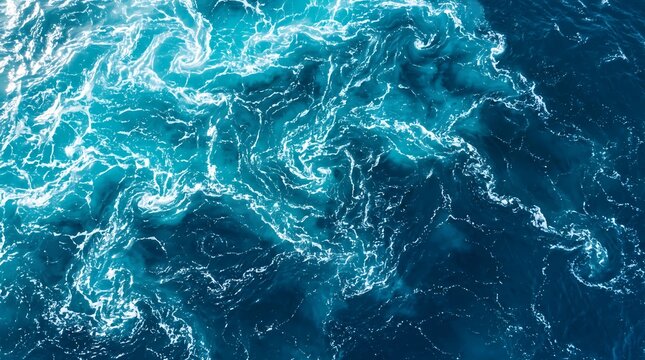 Aerial view of turbulent deep blue ocean water with swirling white foam