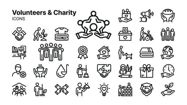 Volunteers and Charity Icons Set: A comprehensive collection of line art icons representing volunteers and charity work, including community support, donation, and caregiving.