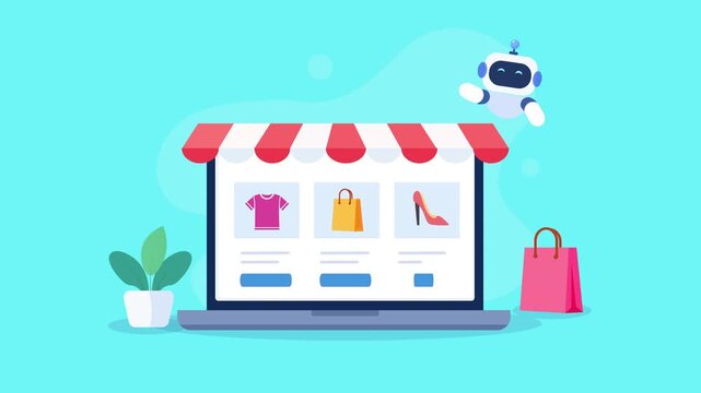 Animated video showing an ecommerce storefront on a laptop with clothing, product listings, shopping bag, and delivery elements on a bright turquoise background.