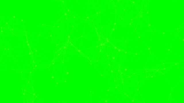 Abstract digital plexus network of white lines and dots on a green screen background for chroma key compositing and technology visualization.
