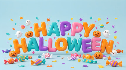 Fototapeta premium Happy halloween colorful 3d typography lettering with candies