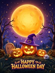 Fototapeta premium Happy Halloween Day with Pumpkins, Witch Hat, and Full Moon.