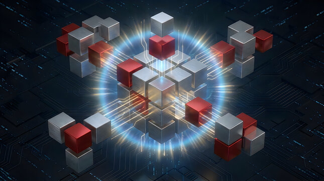 Abstract digital cube structure with glowing blue light ring illustration