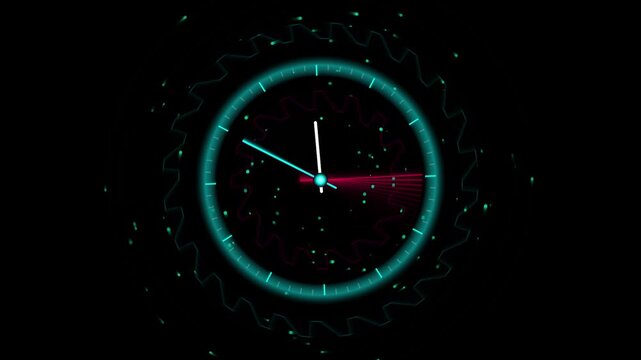 Neon Cyan Clock Countdown Timer with Particle Burst Motion Background