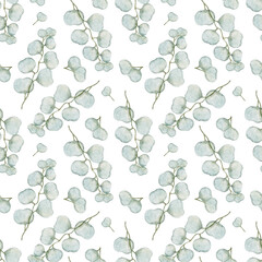 This seamless watercolor pattern features delicate green eucalyptus branches and leaves on a white background, creating a soothing botanical design. Ideal for textile prints, invitations, scrapbooking © Evgeniya Sheydt