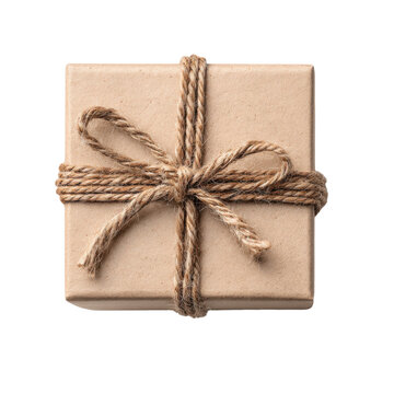 Rustic kraft paper gift box with jute twine bow, minimalist wrapped present package for holidays and celebrations isolated PNG with Transparent Background