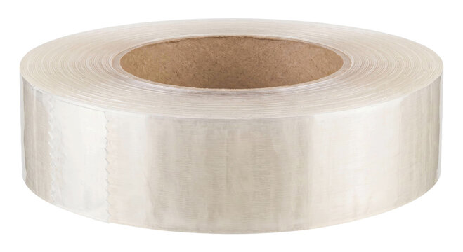Clear packing tape roll with cardboard core on a white background