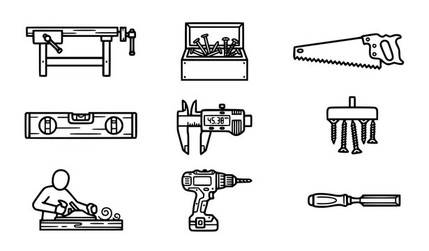 Carpentry tools and woodworking equipment outline icon set with nail box hand saw spirit level