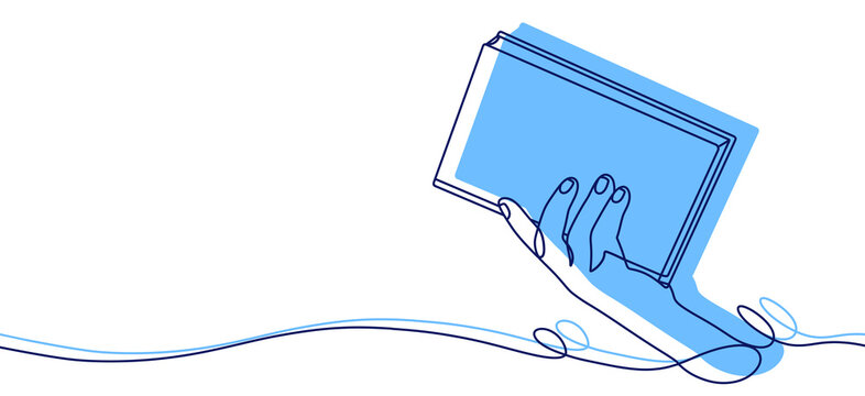 Hands Holding a Book for Education and Literature. Line Art Illustration with a Blue Silhouette
