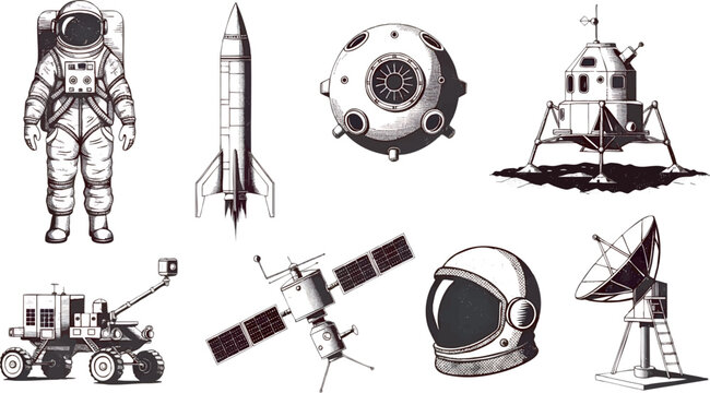 Vintage space mission vector set containing eight separate isolated elements: astronaut, launch rocket, space capsule, lunar lander, lunar rover, satellite, astronaut helmet, and mission control anten