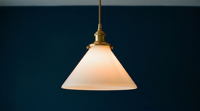 Modern brass pendant light hanging against a dark blue wall illustration