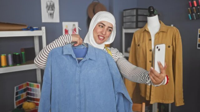 Woman holds blue denim shirt on a hanger and smartphone, taking a selfie in design studio while smiling broadly; creative joy.