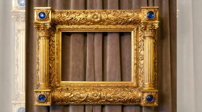 Ornate golden picture frame with blue gems on wood wall illustration