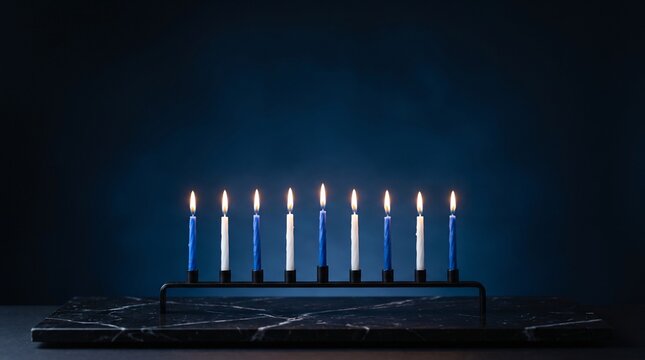 Minimalist Hanukkah menorah with burning candles, modern Jewish holiday candelabra on dark marble, elegant Chanukah celebration background