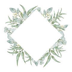 A watercolor illustration of a natural eucalyptus leaf diamond frame on a white background, perfect for wedding invitations, greeting cards, or decorative designs. © Evgeniya Sheydt