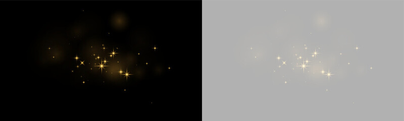 Small clusters of soft glowing golden star sparkles on a black background with gentle bokeh light spots on transparent background © svetilo