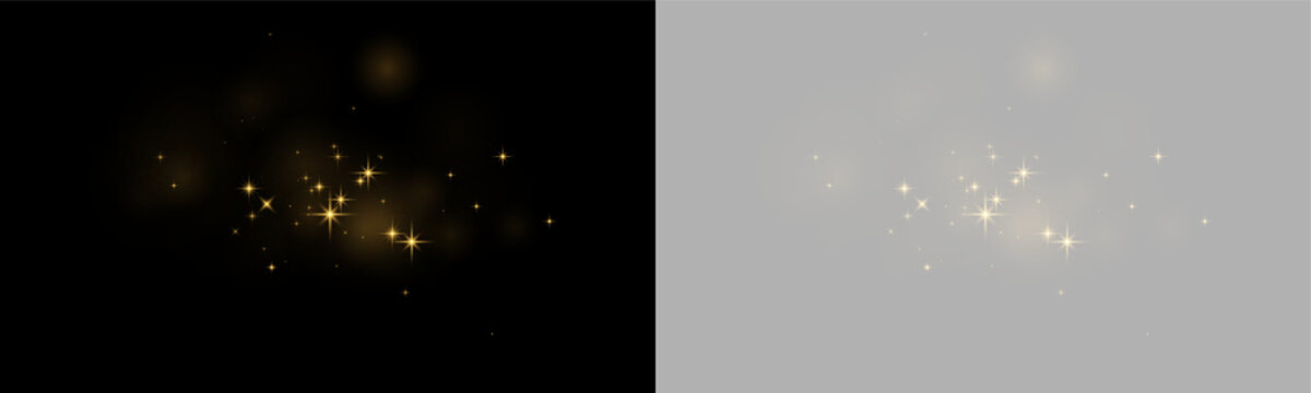 Small clusters of soft glowing golden star sparkles on a black background with gentle bokeh light spots on transparent background
