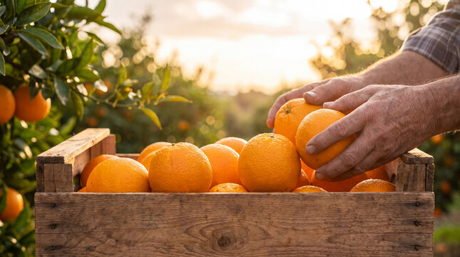 Farmer hands sorting ripe oranges in a wooden crate during harvest in a sunlit citrus orchard. Fresh produce, fruit harvesting, agriculture and farm-to-market food production.