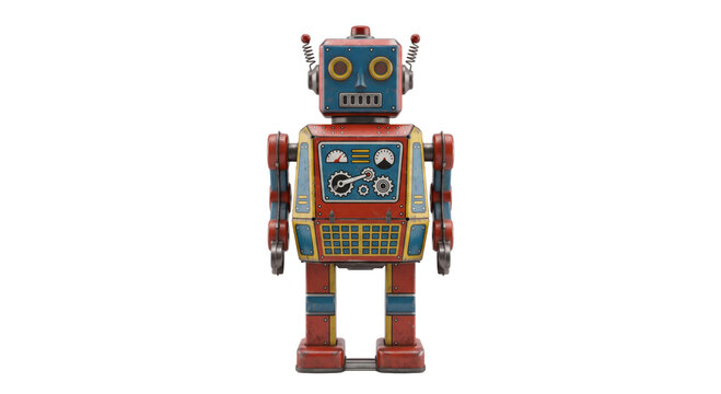 Vintage tin robot toy with colorful retro design and mechanical details