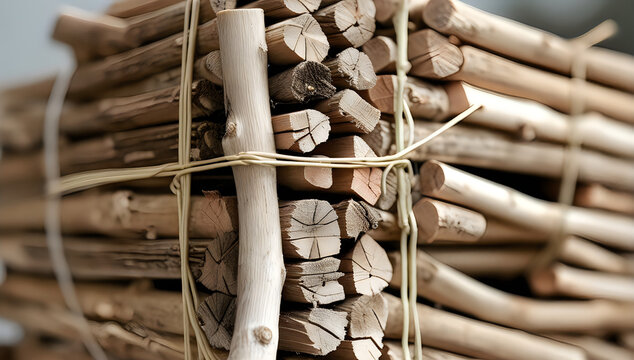 Stacked firewood tied with rope for winter heating illustration