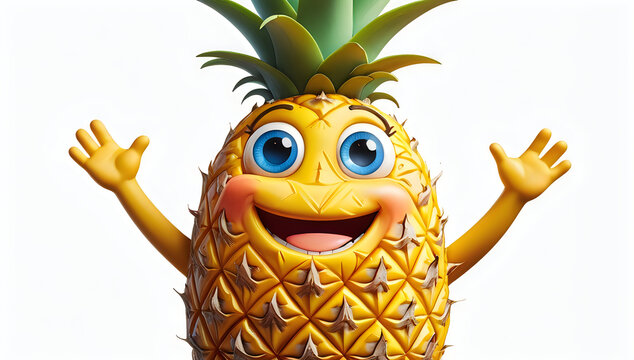 Happy cartoon pineapple character waving hello illustration