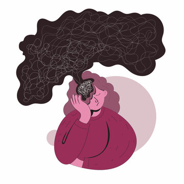 Overwhelmed woman with tangled thoughts in flat vector