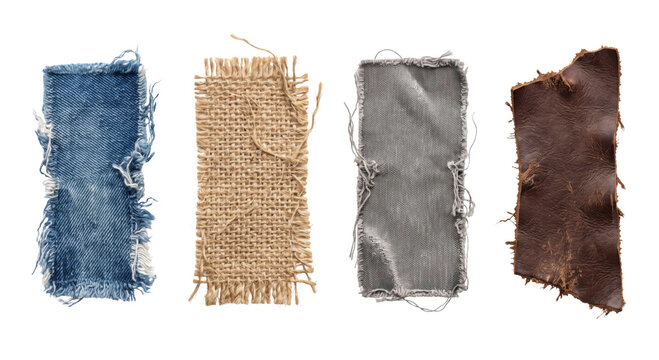 Collection of four fabric swatches including denim, burlap, canvas, and leather