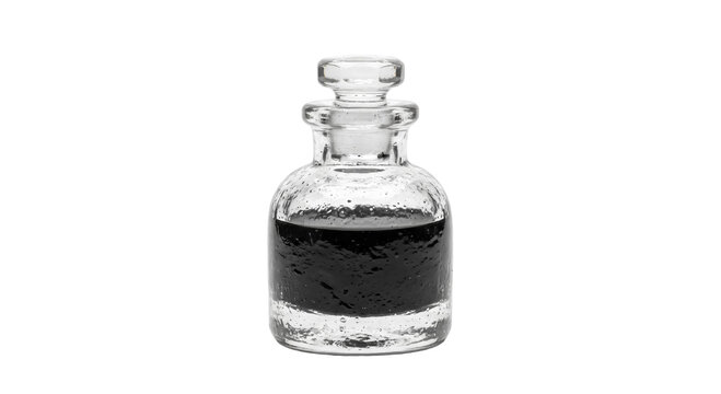Antique glass bottle filled with dark liquid and stopper