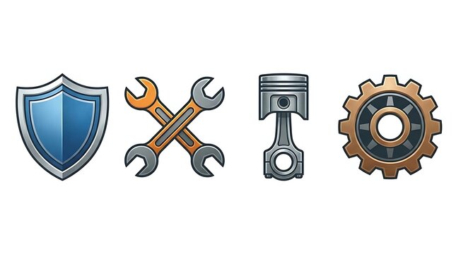 Industrial mechanic icons including gear wrench and shield.