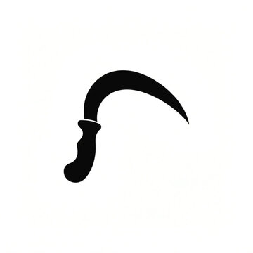 Minimalist sickle silhouette icon, black curved farming hand tool, traditional agricultural harvesting blade on white background
