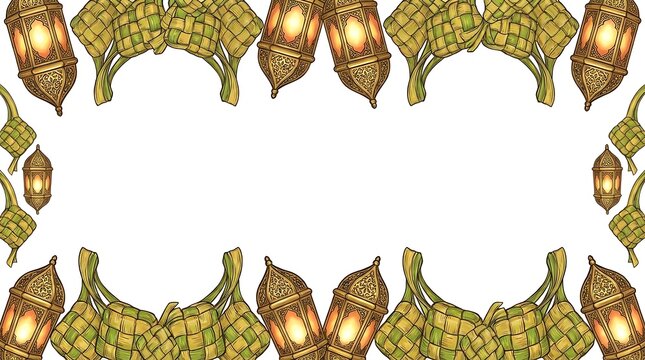Islamic lantern and ketupat decorative frame border.