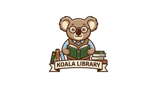 Koala reading mascot logo for library and school.
