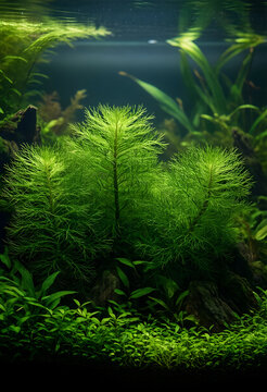 Aquascaping and nature conservation, lush green aquatic plants in a freshwater aquarium with driftwood and underwater ecosystem for home decor